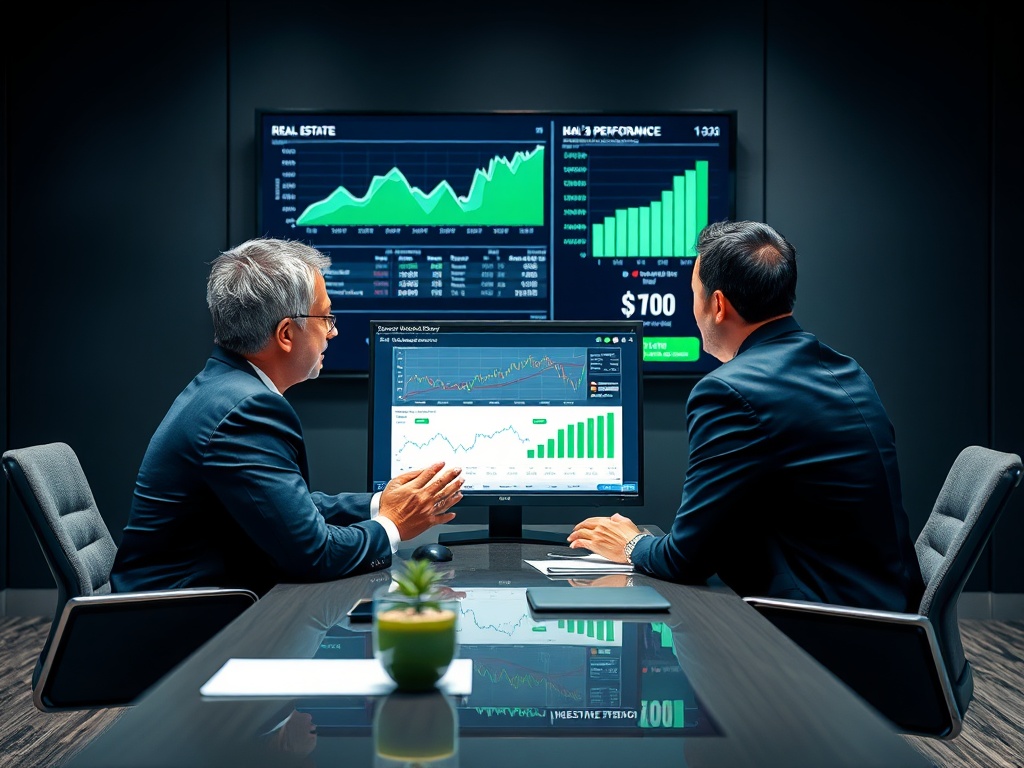 Два человека в офисе обсуждают финансовые графики и данные на экранах компьютеров.