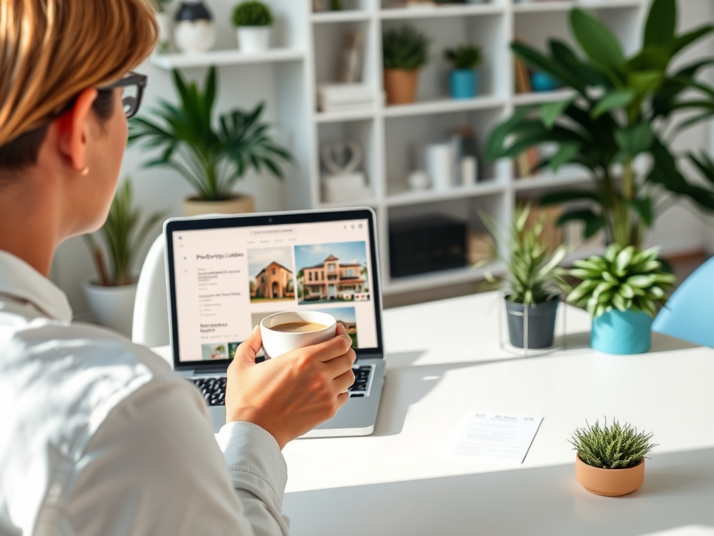 Человек с чашкой кофе смотрит на ноутбук, исследуя информацию, окружённый зелёными растениями.