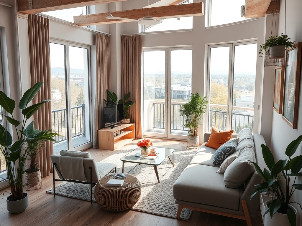 Светлая гостиная с большими окнами, зелеными растениями и уютной мебелью. Приятная атмосфера и современный дизайн.