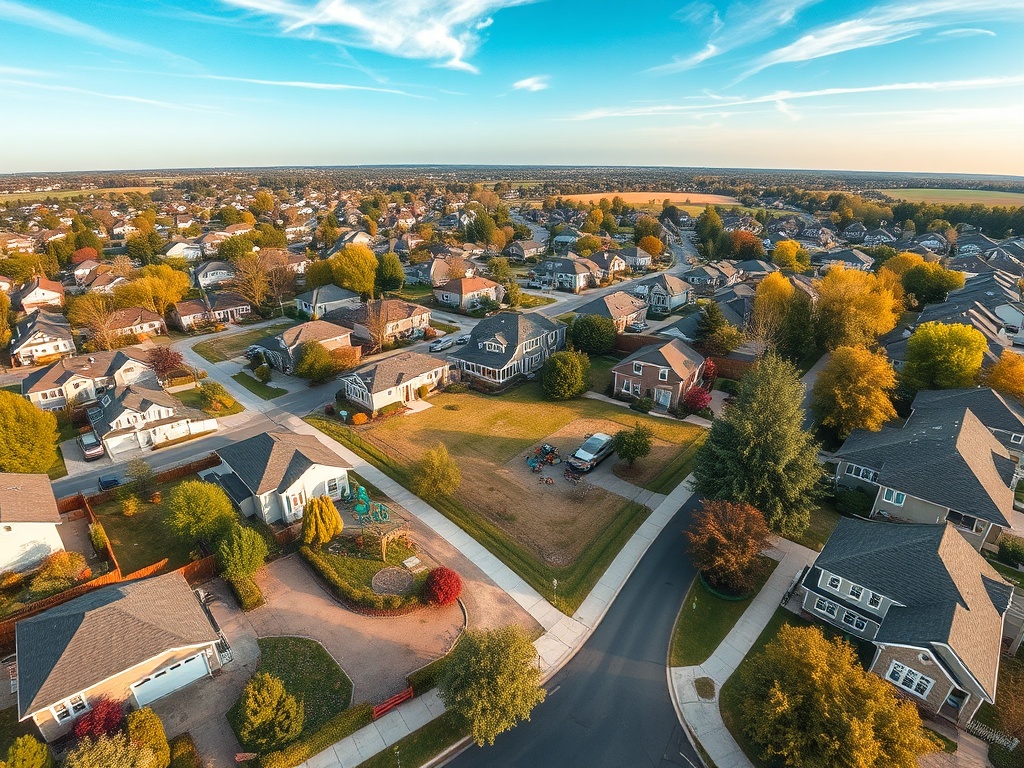 С высоты птичьего полета видно жилой район с домами и зелеными насаждениями, на горизонте открытое поле.