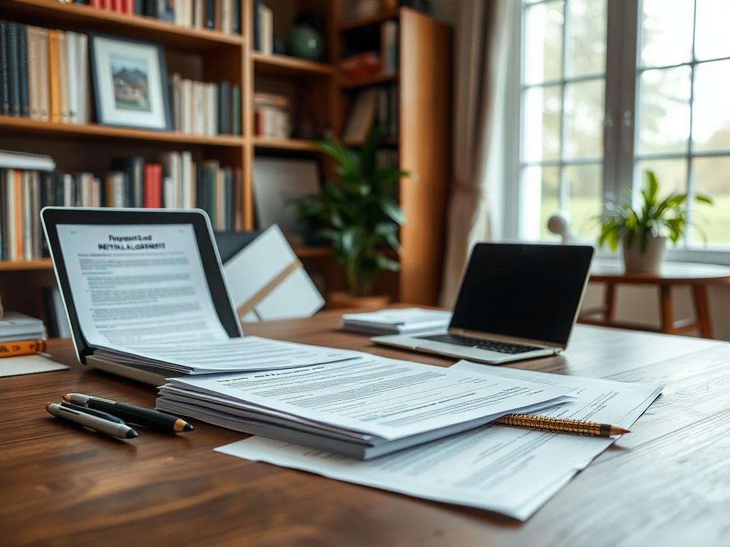 На столе лежат документы, ноутбук и планшет, окруженные книгами и растениями. Светлое, уютное пространство.