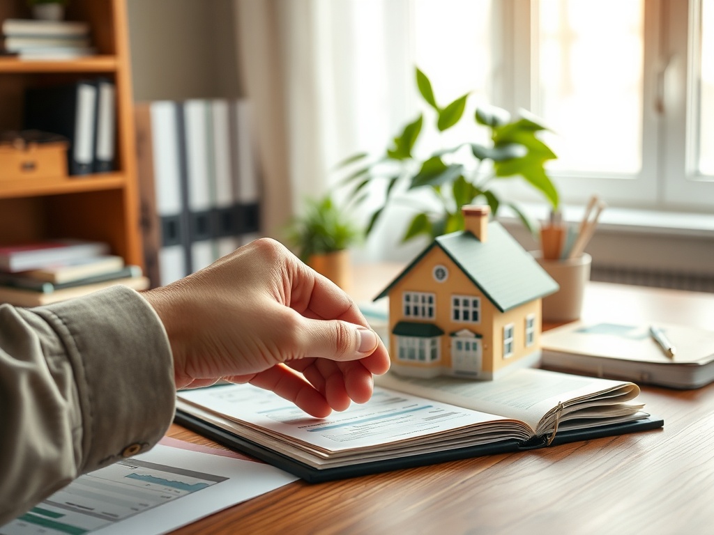 Рука на открытой книге с документами о недвижимости, рядом миниатюрный домик и растения на столе.