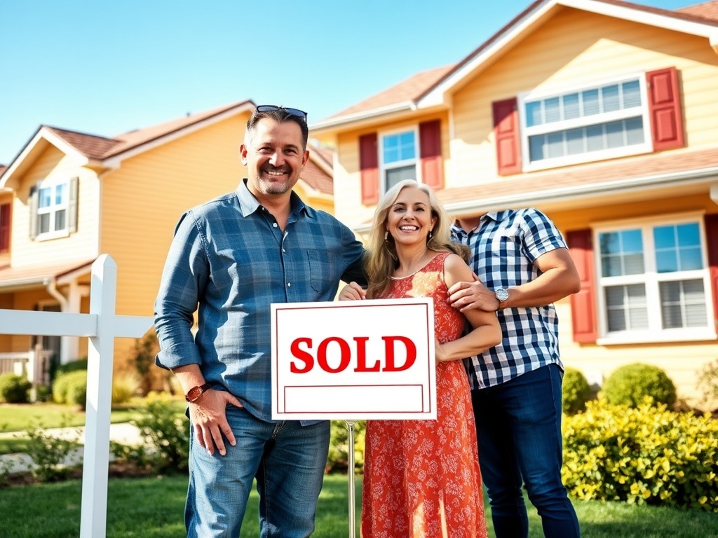 Счастливая пара стоит перед домом с табличкой "Продано". Яркий солнечный день.