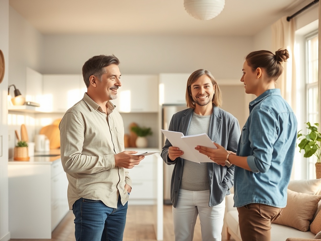Трое людей разговаривают в современном уютном доме, обсуждая документы и улыбаются друг другу.