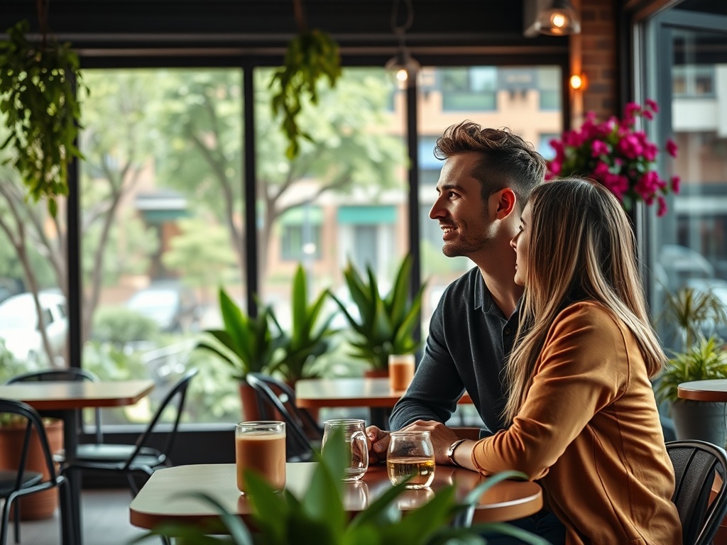 Два человека сидят за столом в кафе, наслаждаясь общением и напитками, окруженные зелеными растениями.