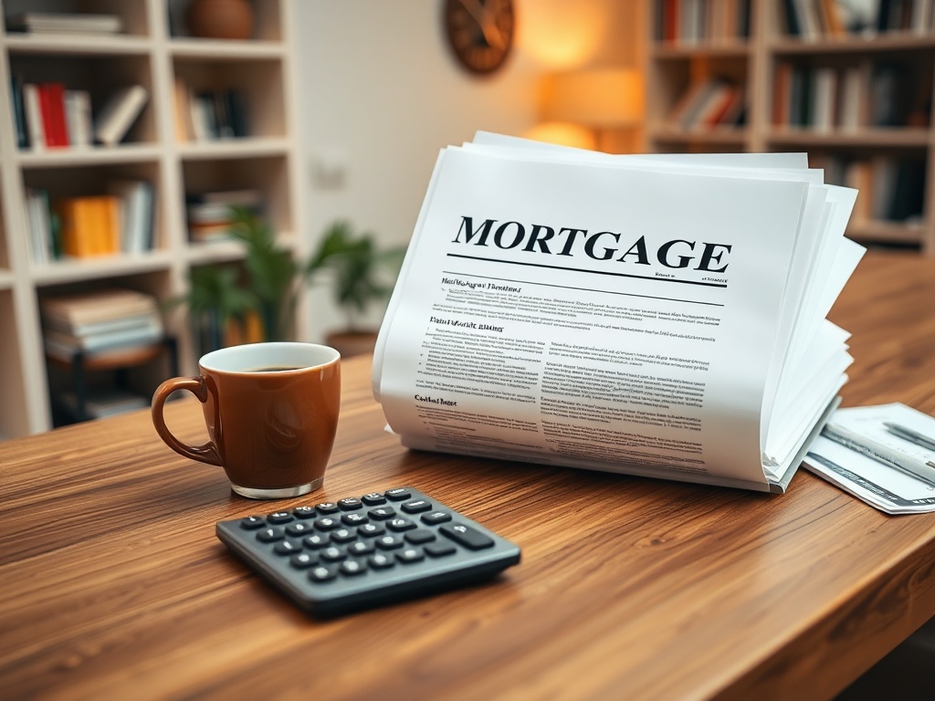 На столе лежит mortgage, чашка кофе и калькулятор, на фоне книги и растений в уютном офисе.