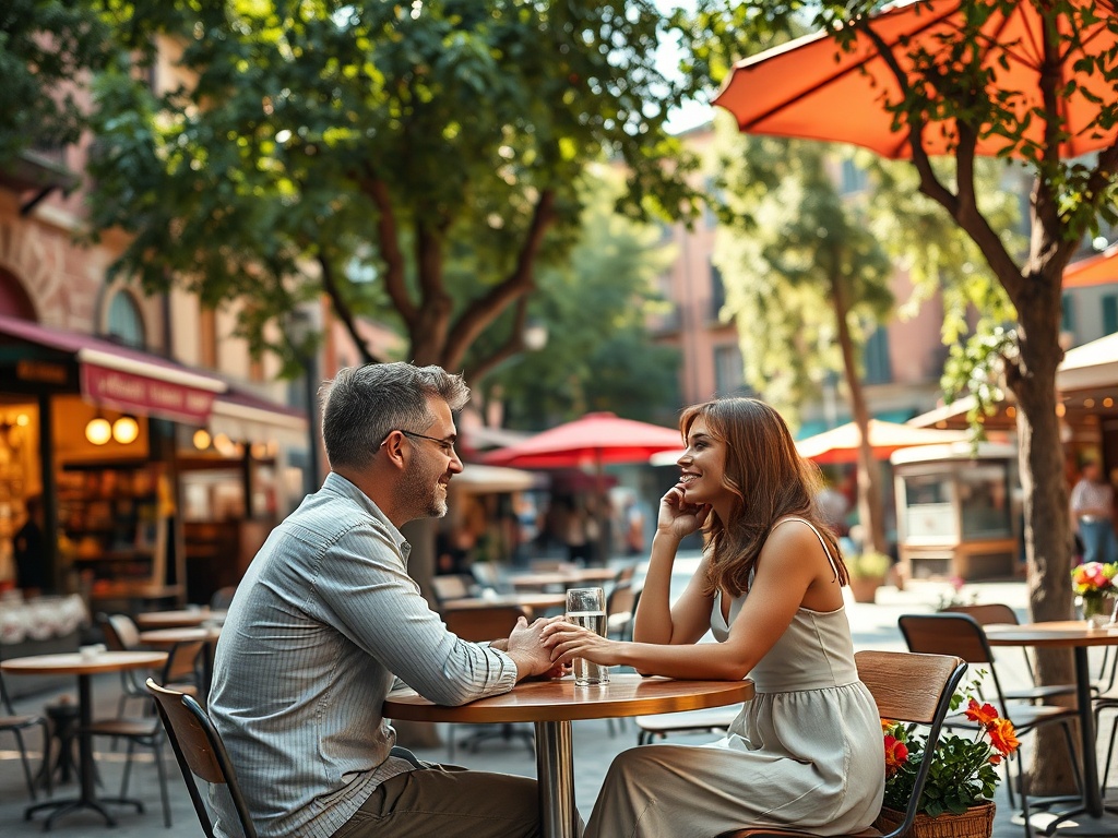 На террасе кафе сидят мужчина и женщина, улыбаются и разговаривают, вокруг зеленые деревья и зонты.